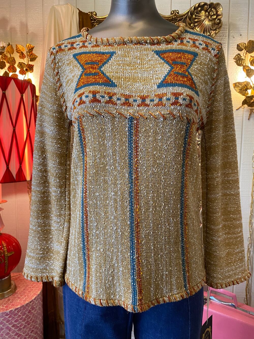 vintage 1970s bell sleeve sweater, 70s knit top, hippie style, southwestern boho